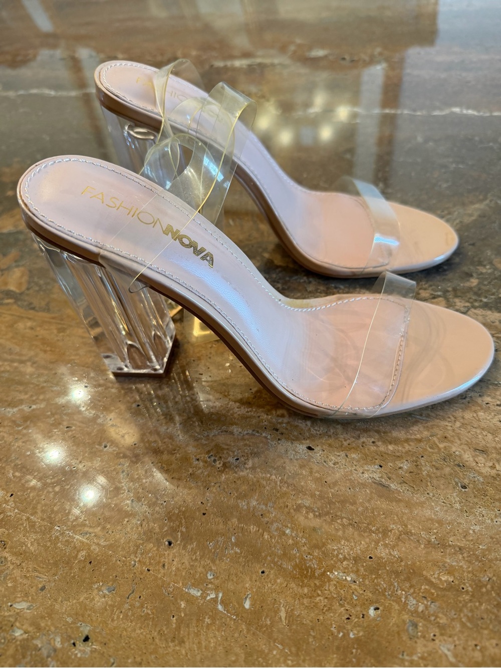 NWOT Fashion Nova Clear Strap Block Heel Sandals in Blush